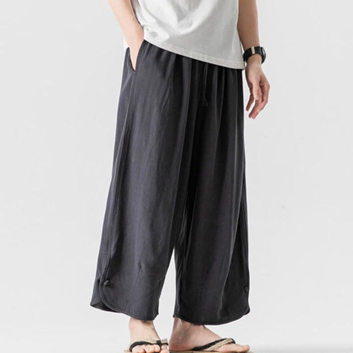 Buddha Stones Casual Loose Frog-Button Plain Men's Cotton Linen 7-8 Length Pants With Pockets - image 34