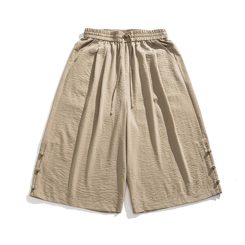 Buddha Stones Casual Loose Frog-Button Plain Men's Cotton 7-8 Length Wide Leg Pants With Pockets - image 1