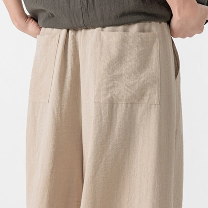 Buddha Stones Casual Loose Frog-Button Plain Men's Cotton 7-8 Length Wide Leg Pants With Pockets - image 14