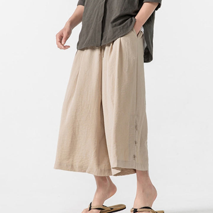 Buddha Stones Casual Loose Frog-Button Plain Men's Cotton 7-8 Length Wide Leg Pants With Pockets - image 8