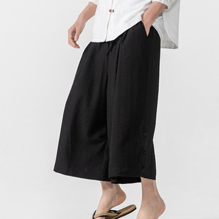 Buddha Stones Casual Loose Frog-Button Plain Men's Cotton 7-8 Length Wide Leg Pants With Pockets - image 20