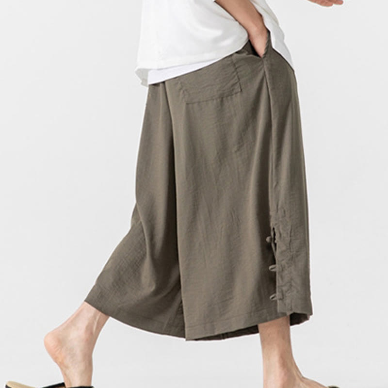 Buddha Stones Casual Loose Frog-Button Plain Men's Cotton 7-8 Length Wide Leg Pants With Pockets - image 28