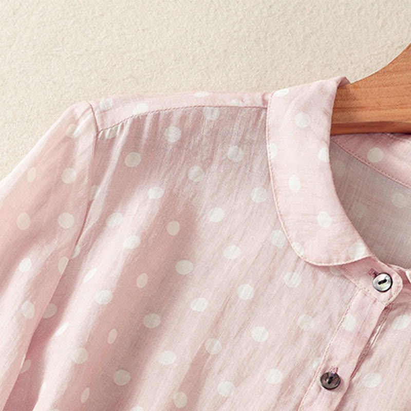 Buddha Stones Spring Polka Dot Button Stand Collar Polyester Midi Dress With Pockets - image 16