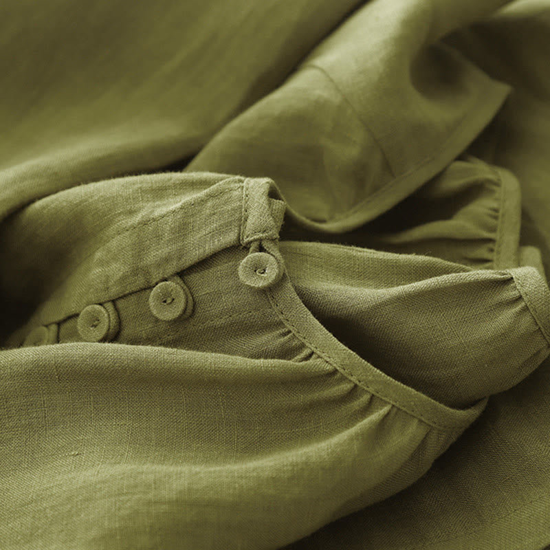 Buddha Stones Spring Plain Crew Neck Lace-up Half Sleeve Cotton Linen Midi Dress - image 7