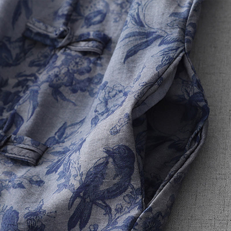 Buddha Stones Flower Leaf Print Frog-Button Half Sleeve Mandarin Collar Cotton Midi Dress - image 4