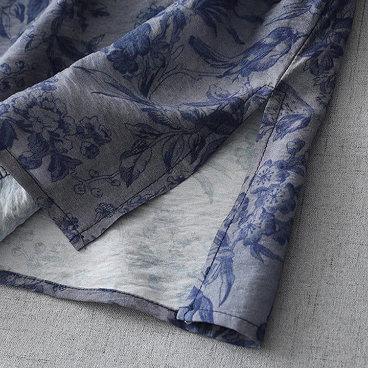 Buddha Stones Flower Leaf Print Frog-Button Half Sleeve Mandarin Collar Cotton Midi Dress - image 7