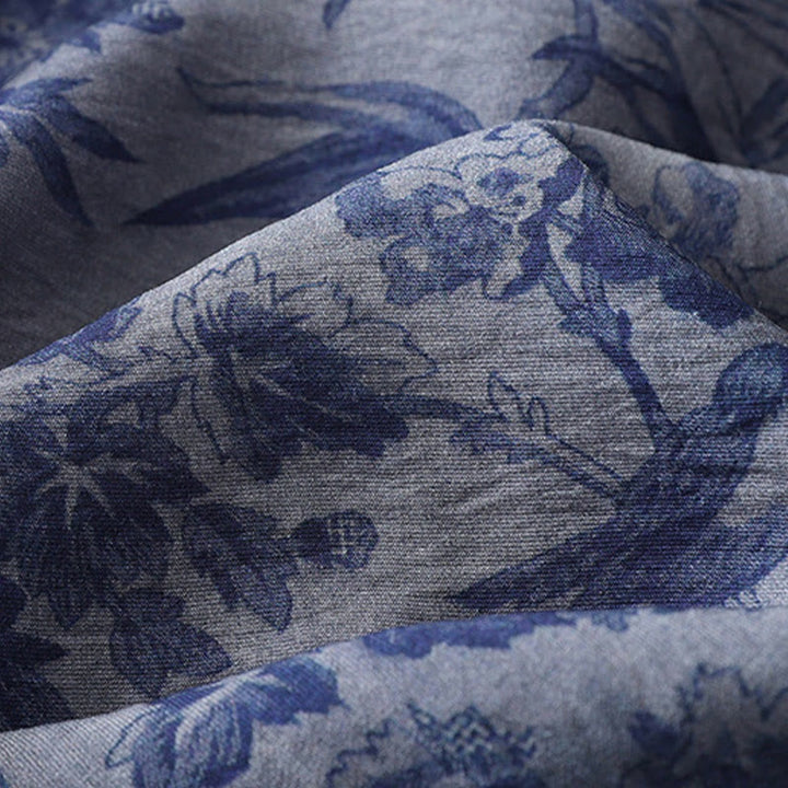 Buddha Stones Flower Leaf Print Frog-Button Half Sleeve Mandarin Collar Cotton Midi Dress - image 6