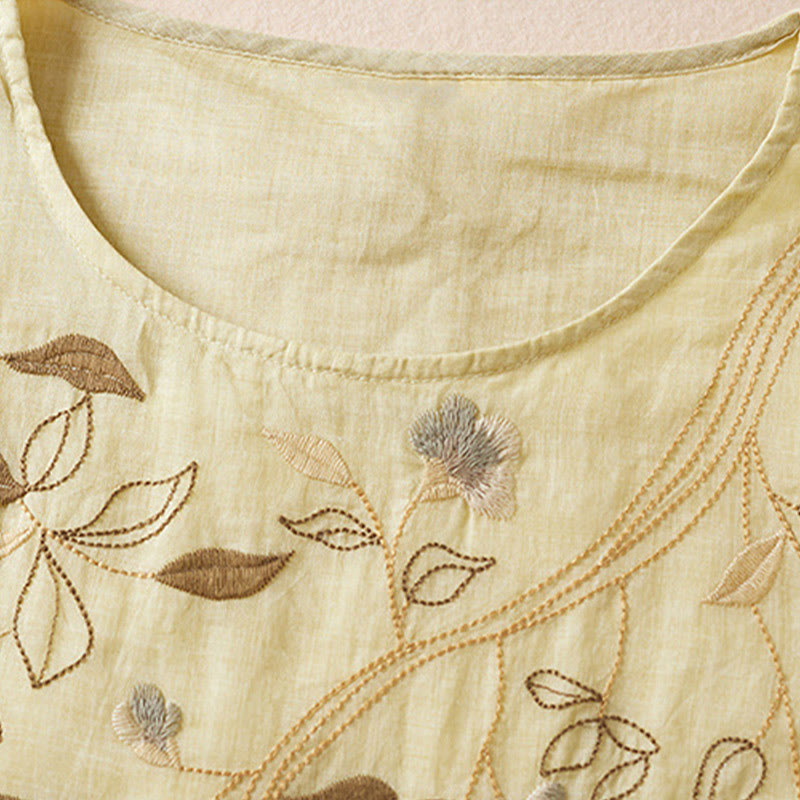 Buddha Stones Embroidered Leaf Crew Neck Half Sleeve Fiber Midi Dress - image 3