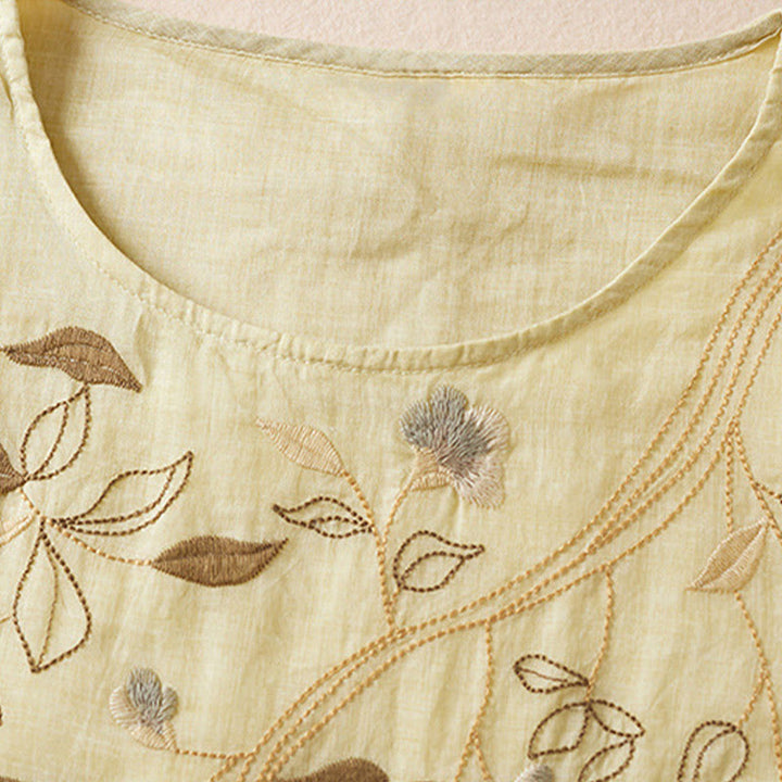 Buddha Stones Embroidered Leaf Crew Neck Half Sleeve Fiber Midi Dress - image 3