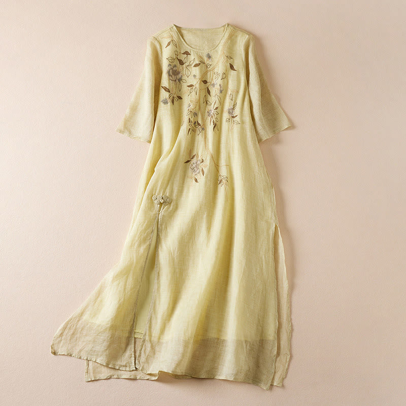Buddha Stones Embroidered Leaf Crew Neck Half Sleeve Fiber Midi Dress - Khaki - US8-10，UK/AU12-14，EU40-42 (2XL) - image 0