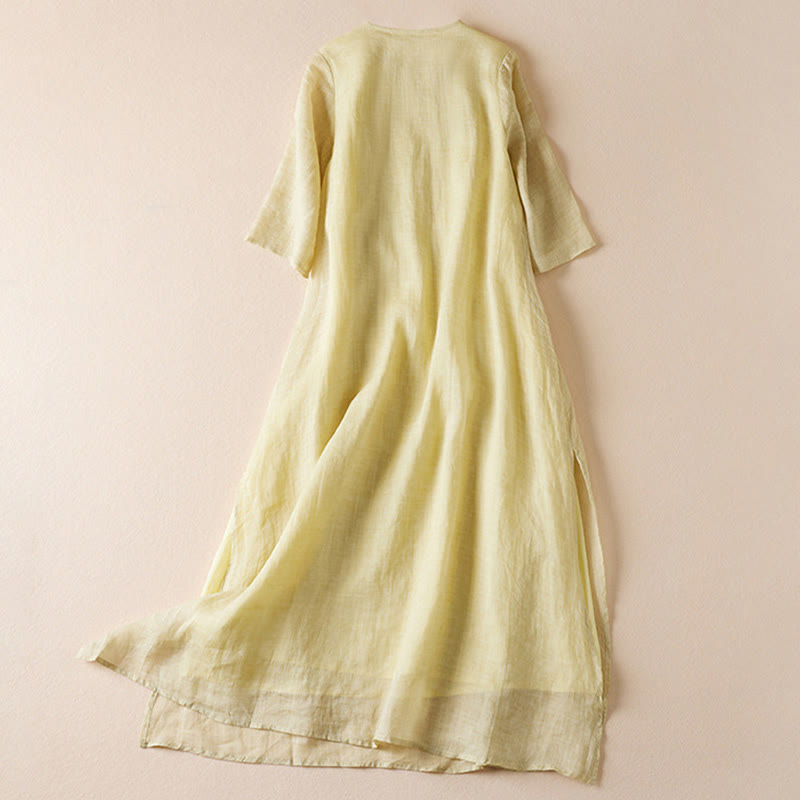 Buddha Stones Embroidered Leaf Crew Neck Half Sleeve Fiber Midi Dress - image 1