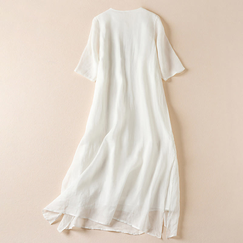 Buddha Stones Embroidered Leaf Crew Neck Half Sleeve Fiber Midi Dress - image 8