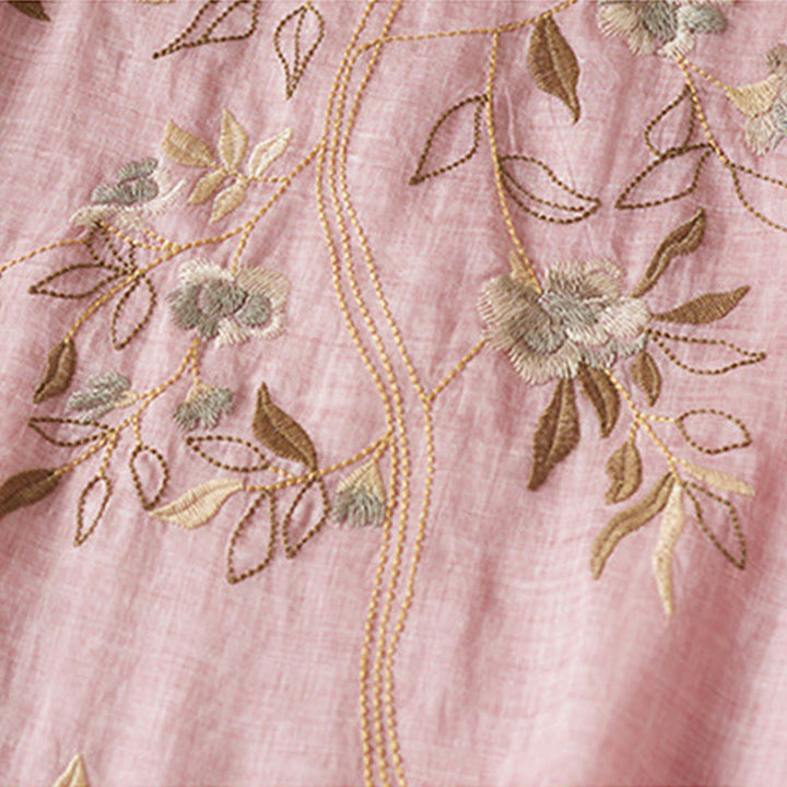 Buddha Stones Embroidered Leaf Crew Neck Half Sleeve Fiber Midi Dress - image 18