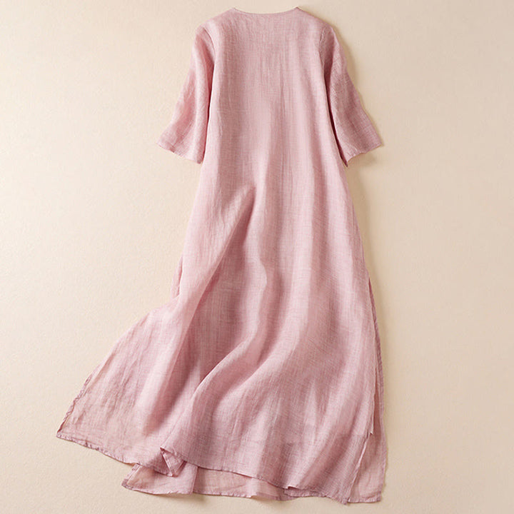 Buddha Stones Embroidered Leaf Crew Neck Half Sleeve Fiber Midi Dress - image 15