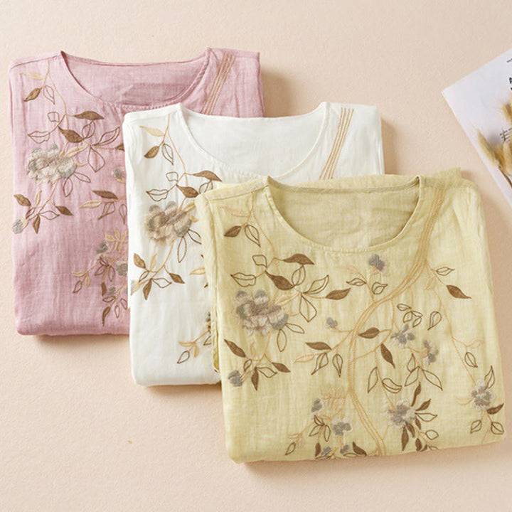 Buddha Stones Embroidered Leaf Crew Neck Half Sleeve Fiber Midi Dress - image 22