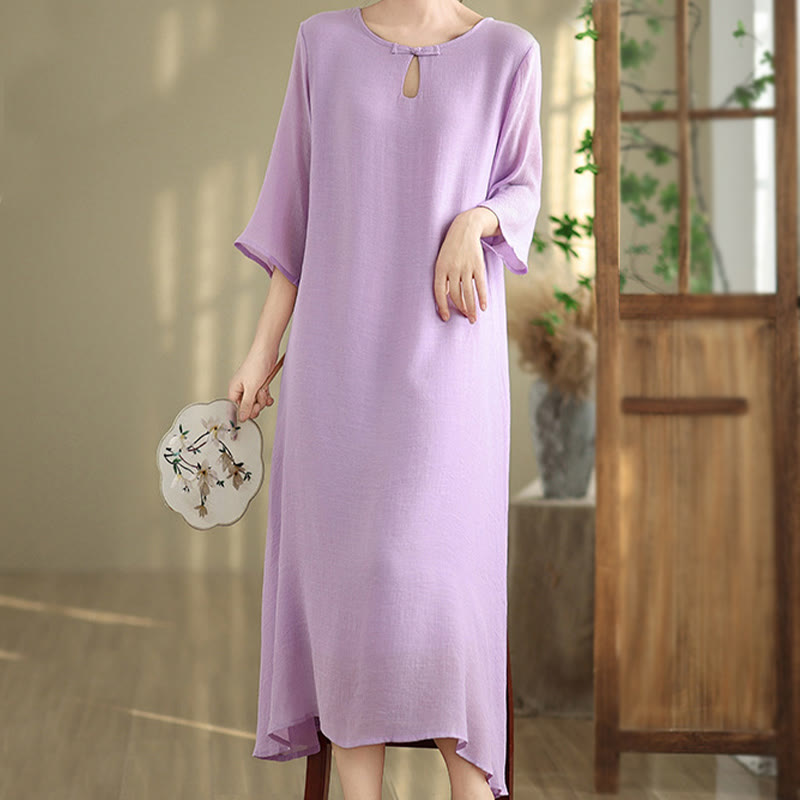 Buddha Stones Casual Plain Frog-Button Crew Neck Three Quarter Sleeve Cotton Midi Dress - image 3