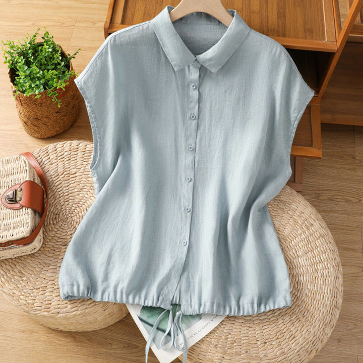 Buddha Stones Summer Plain Color Button Short Sleeve Women's Shirt - LightBlue - US14，UK/AU18，EU46 (2XL) - image 0