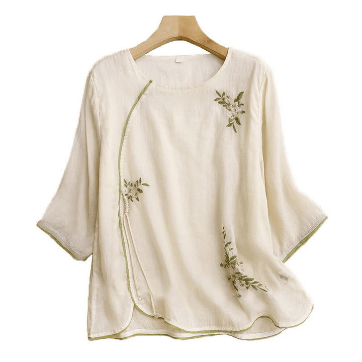 Buddha Stones Beige Floral Green Leaf Embroidery Crew Neck Three Quarter Sleeve Women's Shirt - image 12