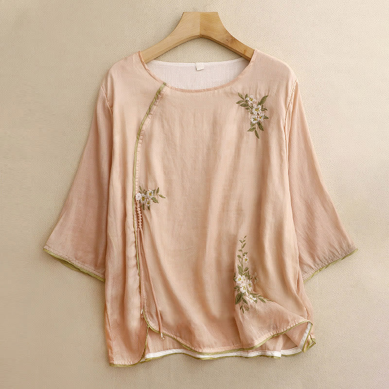Buddha Stones Beige Floral Green Leaf Embroidery Crew Neck Three Quarter Sleeve Women's Shirt - PeachPuff - US12，UK/AU16，EU44 (2XL) - image 12