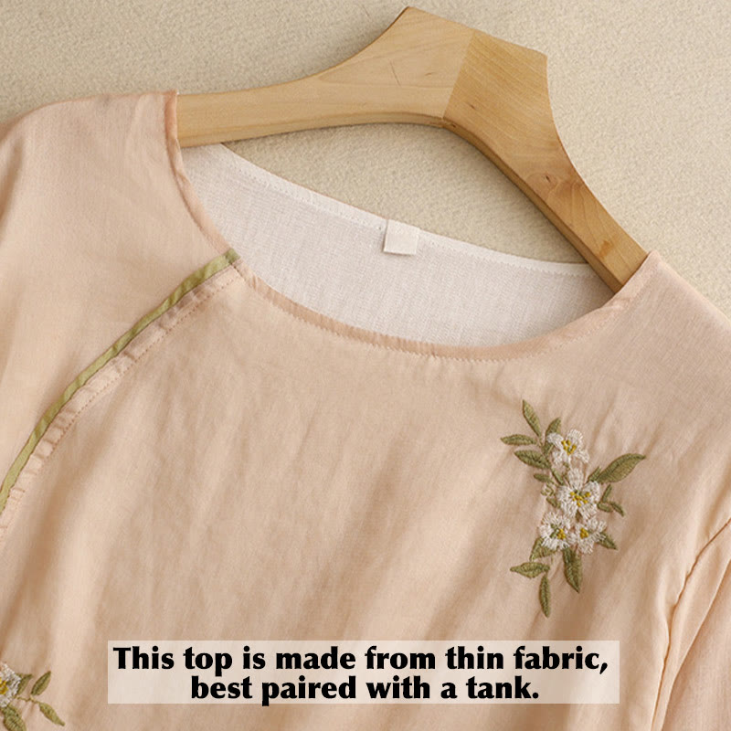 Buddha Stones Beige Floral Green Leaf Embroidery Crew Neck Three Quarter Sleeve Women's Shirt - image 13