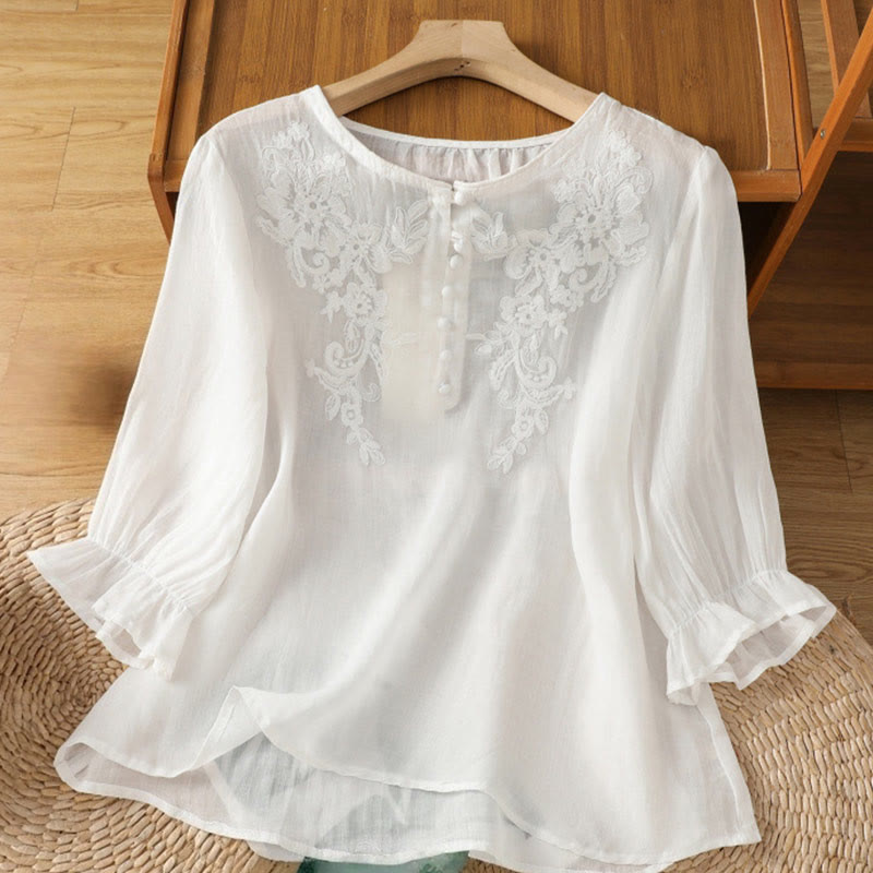 Buddha Stones Flower Vines Embroidery Button Crew Neck Three Quarter Sleeve Women's Cotton Shirt - White - US12，UK/AU16，EU44 (2XL) - image 9