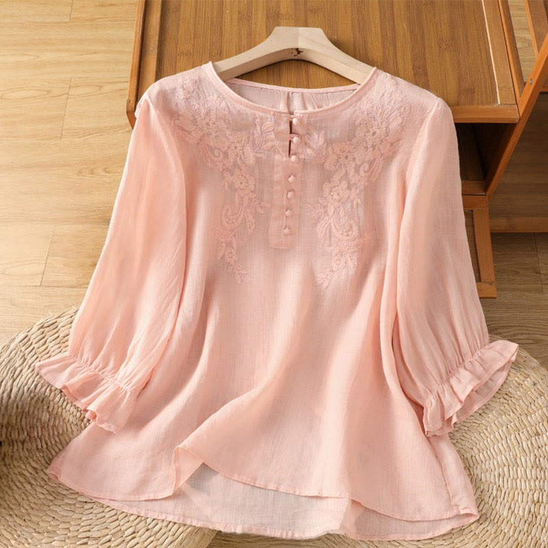 Buddha Stones Flower Vines Embroidery Button Crew Neck Three Quarter Sleeve Women's Cotton Shirt - LightPink - US12，UK/AU16，EU44 (2XL) - image 17