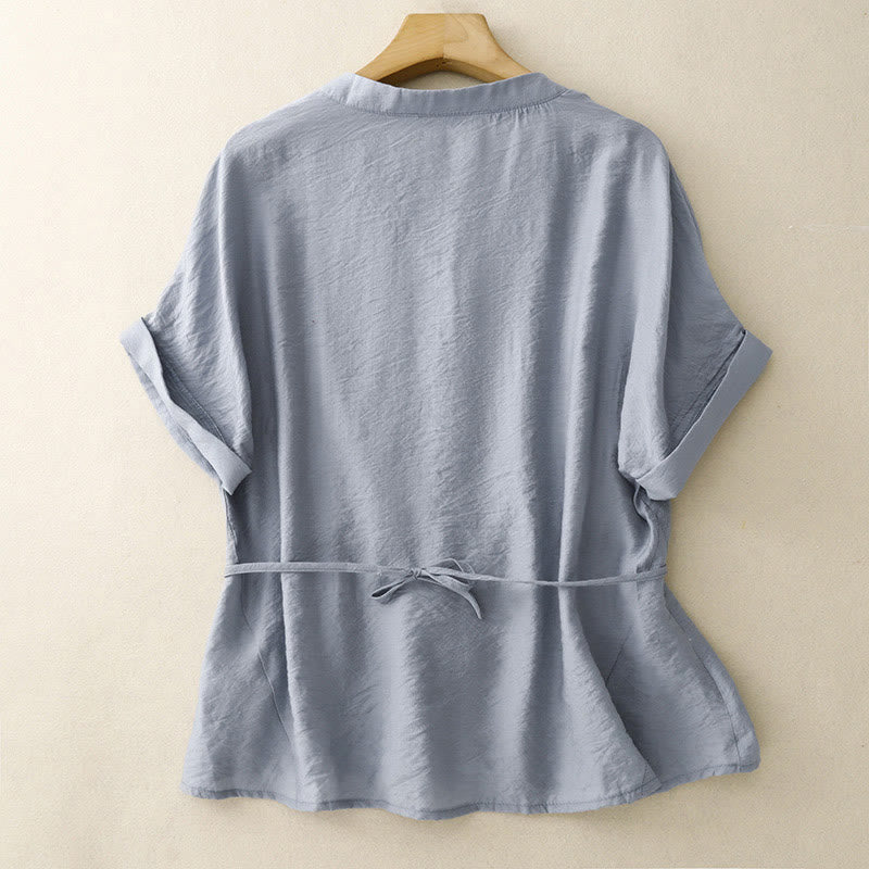 Buddha Stones Summer Button Lace-up Short Sleeve Women's Cotton Shirt - image 1