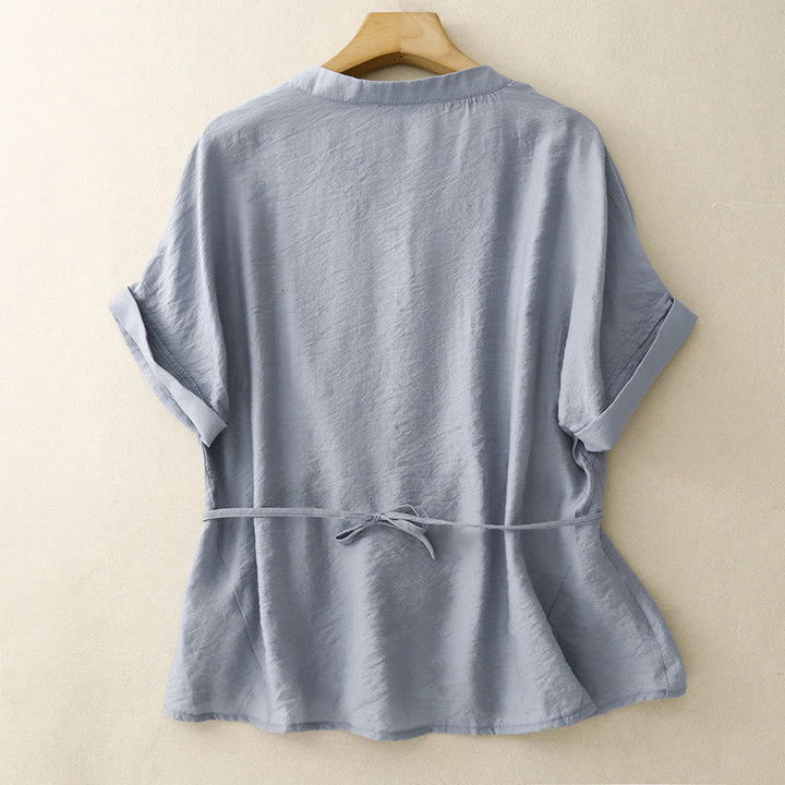 Buddha Stones Summer Button Lace-up Short Sleeve Women's Cotton Shirt - image 1