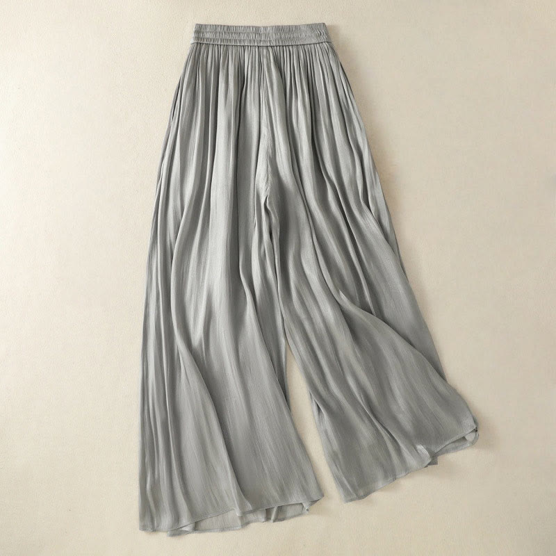Buddha Stones Light Gray Pleated Design Elastic Waist Women's Wide Leg Pants With Pockets - image 1