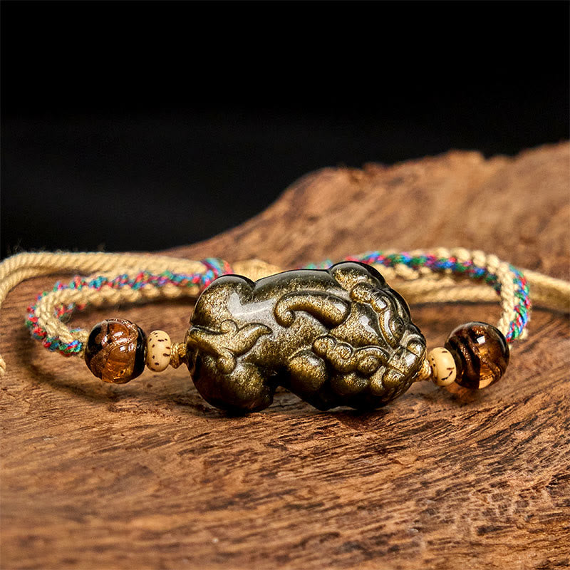 Buddha Stones Gold Sheen Obsidian PiXiu Wealth Rope Bracelet - image 1