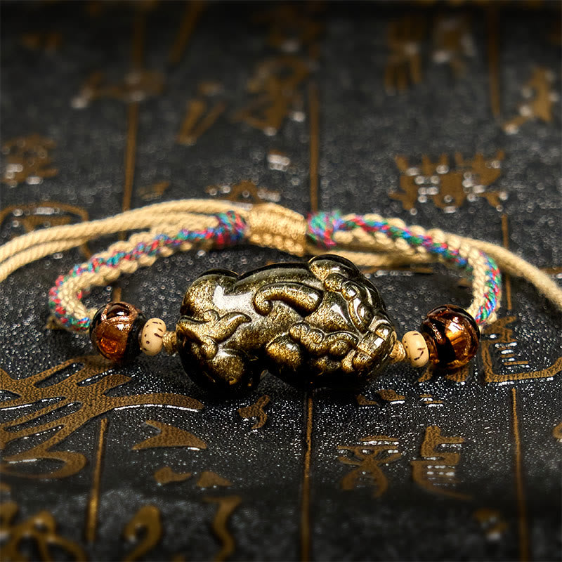 Buddha Stones Gold Sheen Obsidian PiXiu Wealth Rope Bracelet - PiXiu(Wrist Circumference: 14-26cm) - image 0