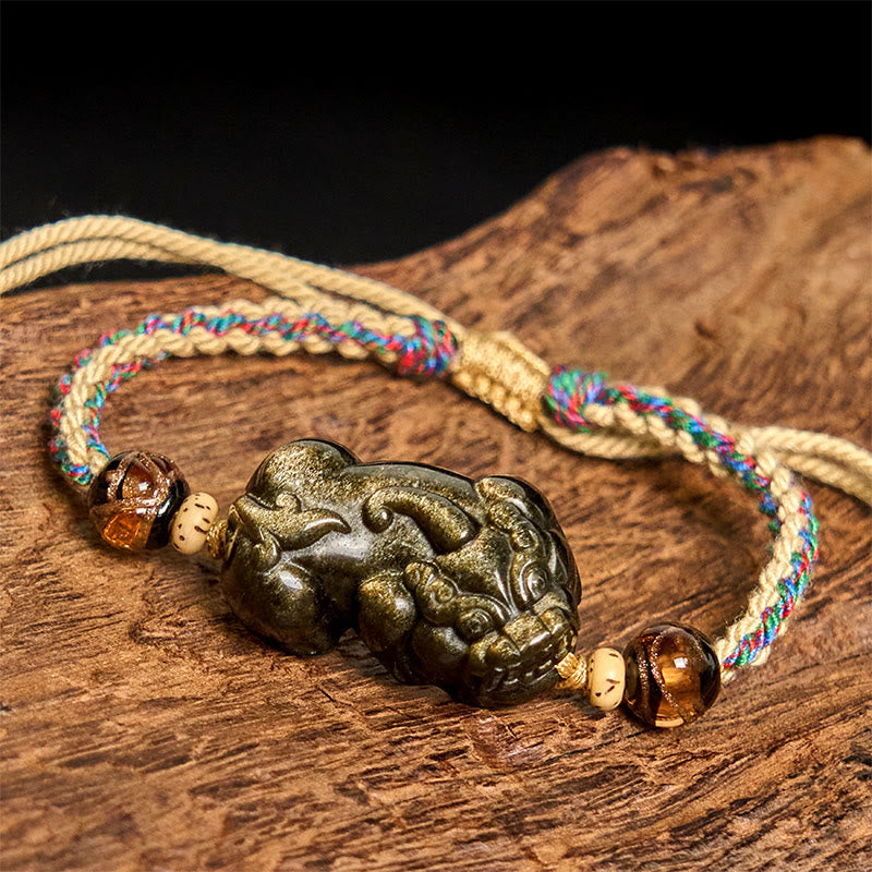 Buddha Stones Gold Sheen Obsidian PiXiu Wealth Rope Bracelet - image 2