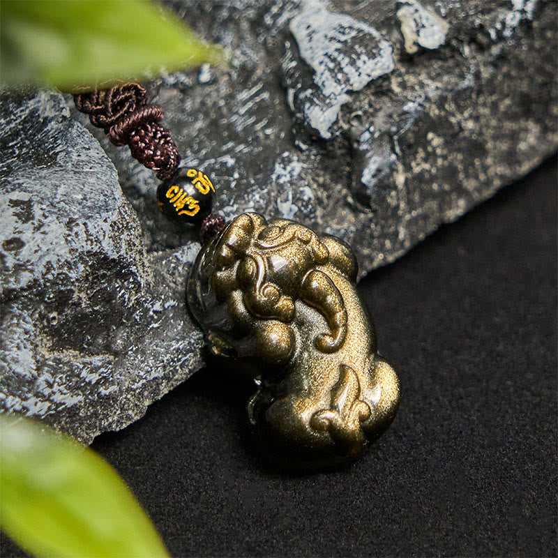 Buddha Stones Gold Sheen Obsidian PiXiu Wealth Rope Necklace Pendant - PiXiu Necklace - image 0