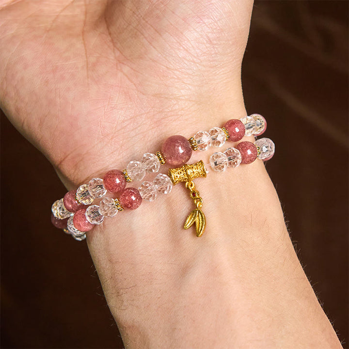 Buddha Stones Natural Strawberry Quartz Crystal Bamboo Positive Double Wrap Bracelet - image 4