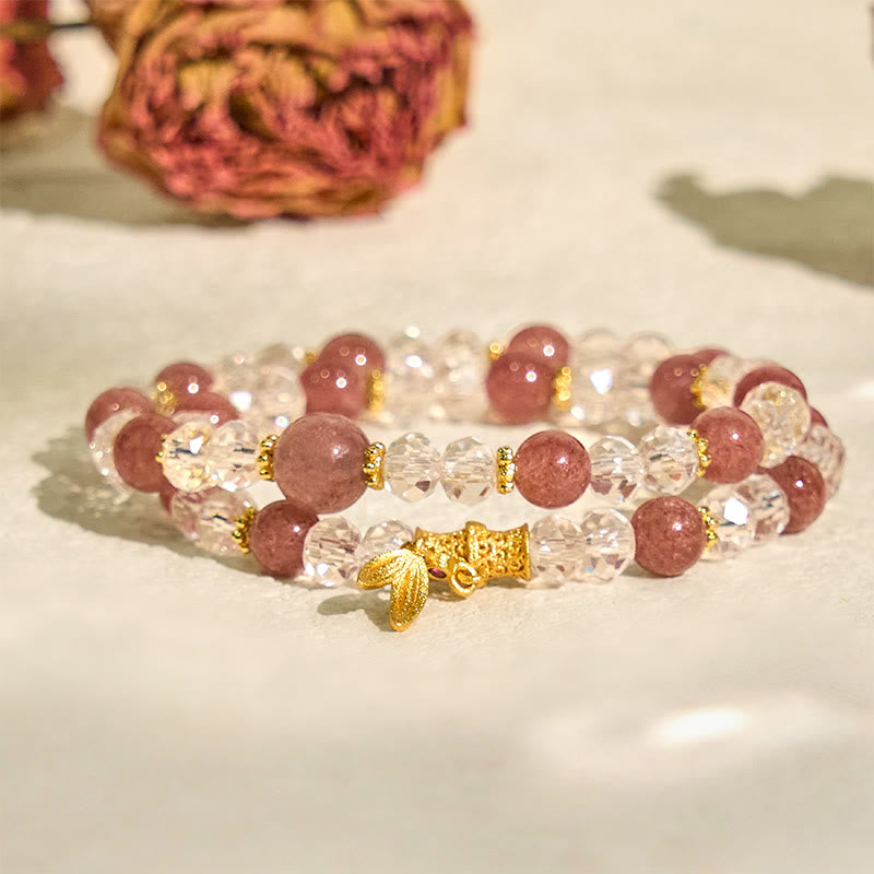 Buddha Stones Natural Strawberry Quartz Crystal Bamboo Positive Double Wrap Bracelet - image 2