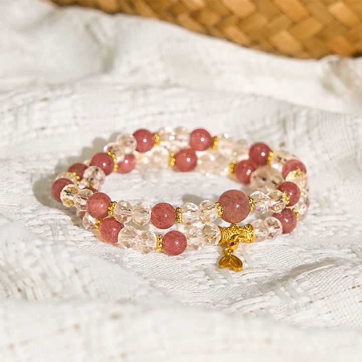 Buddha Stones Natural Strawberry Quartz Crystal Bamboo Positive Double Wrap Bracelet - image 3