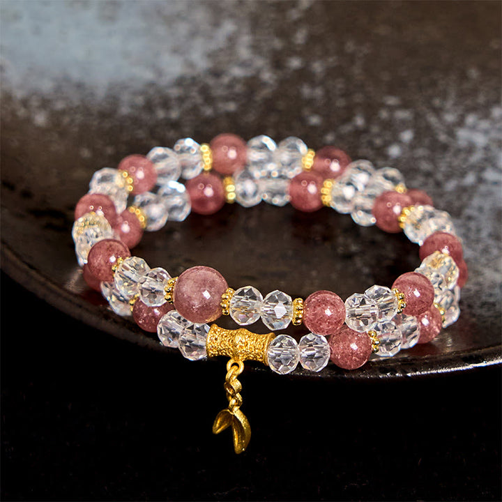 Buddha Stones Natural Strawberry Quartz Crystal Bamboo Positive Double Wrap Bracelet - image 1