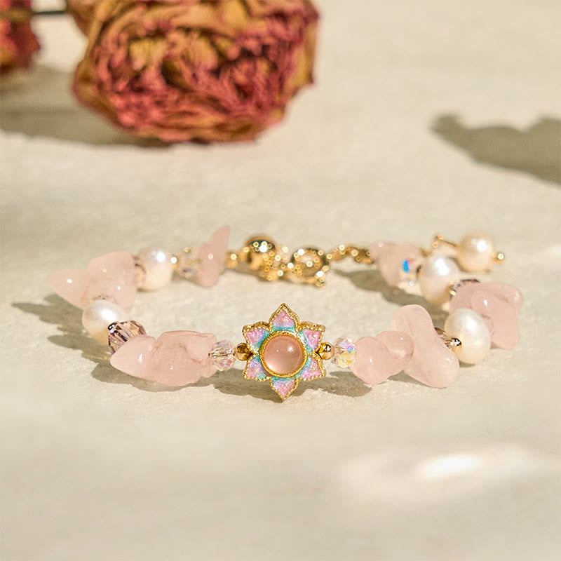 Buddha Stones Natural Gravel Rose Quartz Flower Pearl Healing Bracelet - image 2