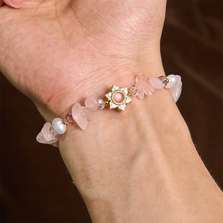 Buddha Stones Natural Gravel Rose Quartz Flower Pearl Healing Bracelet - image 4