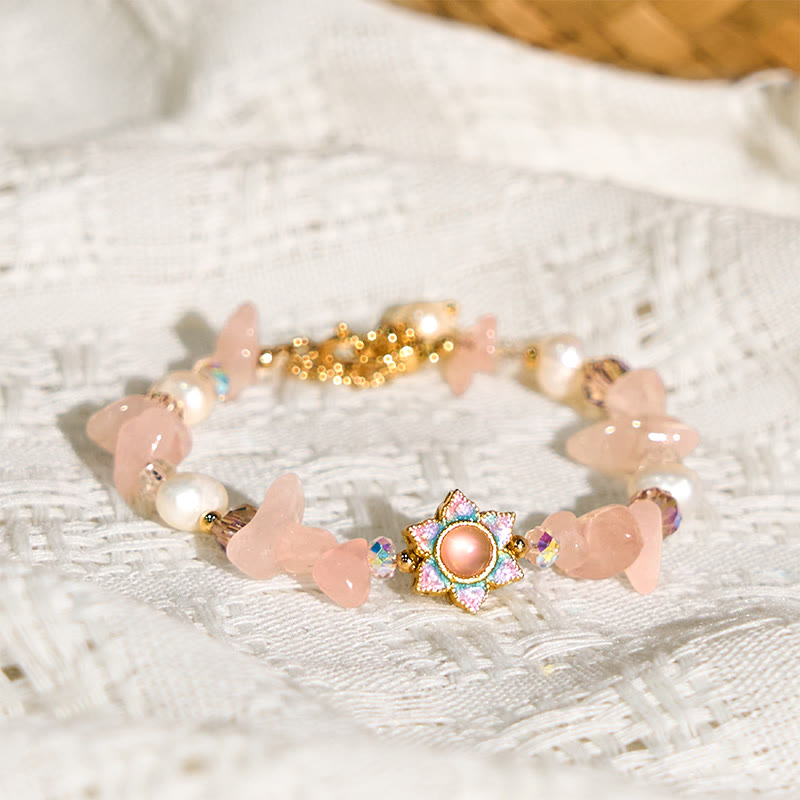 Buddha Stones Natural Gravel Rose Quartz Flower Pearl Healing Bracelet - image 3