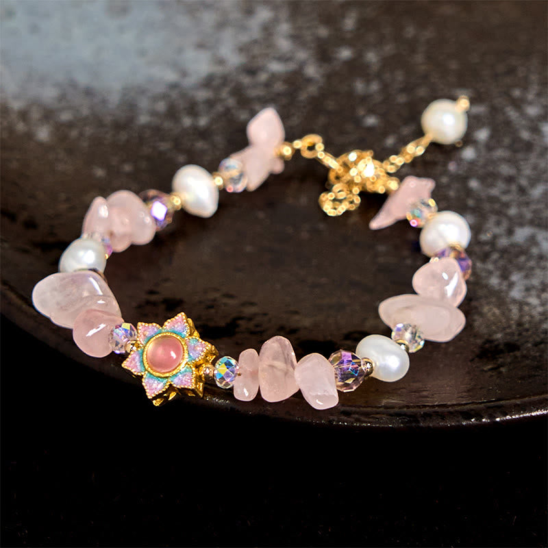 Buddha Stones Natural Gravel Rose Quartz Flower Pearl Healing Bracelet - Rose Quartz(Wrist Circumference: 14-16cm) - image 0