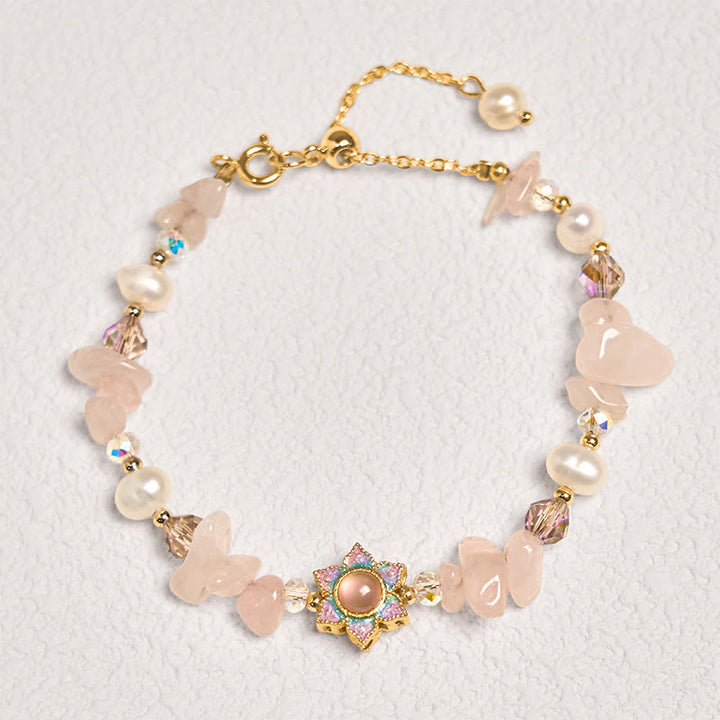 Buddha Stones Natural Gravel Rose Quartz Flower Pearl Healing Bracelet - image 1
