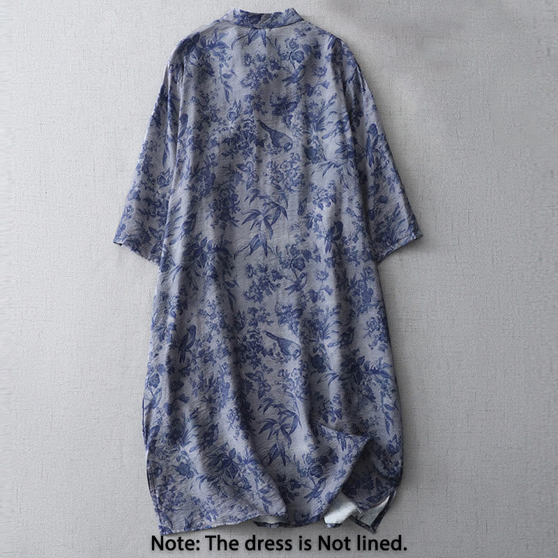 Buddha Stones Flower Leaf Print Frog-Button Half Sleeve Mandarin Collar Cotton Midi Dress - image 1