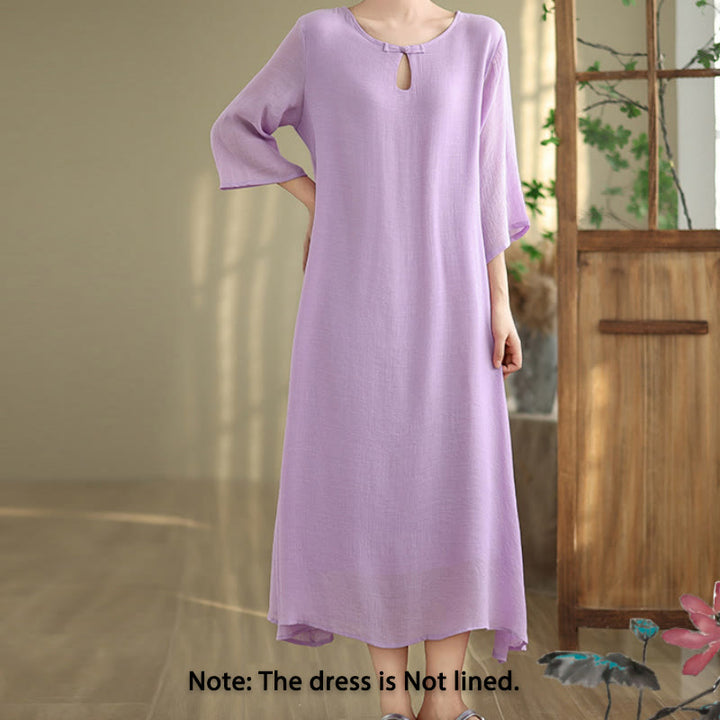 Buddha Stones Casual Plain Frog-Button Crew Neck Three Quarter Sleeve Cotton Midi Dress - image 1
