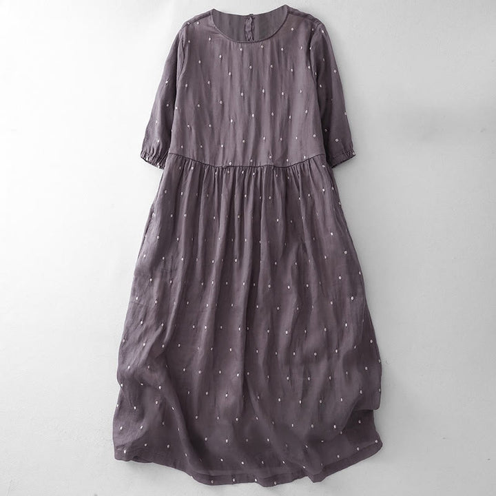 Buddha Stones Back Button Dot Pattern Half Sleeve Cotton Linen Midi Dress With Pockets - MediumOrchid - US8-10，UK/AU12-14，EU40-42 (2XL) - image 0