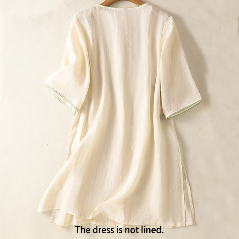 Buddha Stones Embroidery Flower Hem Slit Design Half Sleeve Cotton Linen Zen Midi Dress - image 7