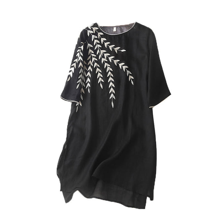 Buddha Stones Casual Embroidery Split Three Quarter Sleeve Cotton Linen Midi Dress - image 10