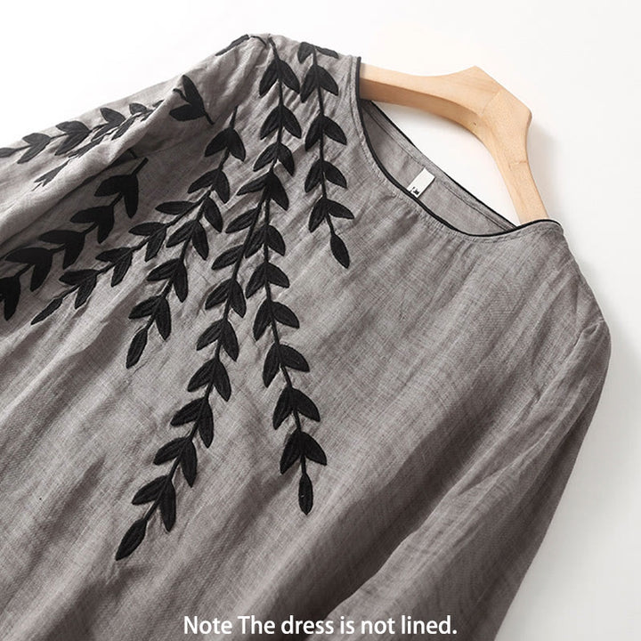 Buddha Stones Casual Embroidery Split Three Quarter Sleeve Cotton Linen Midi Dress - image 12