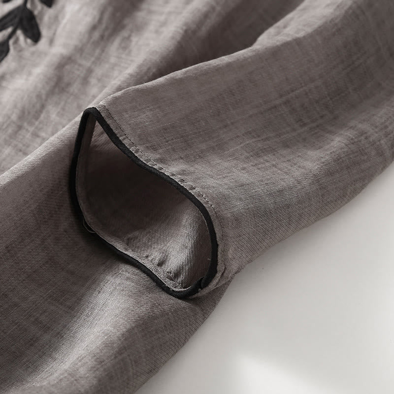 Buddha Stones Casual Embroidery Split Three Quarter Sleeve Cotton Linen Midi Dress - image 14