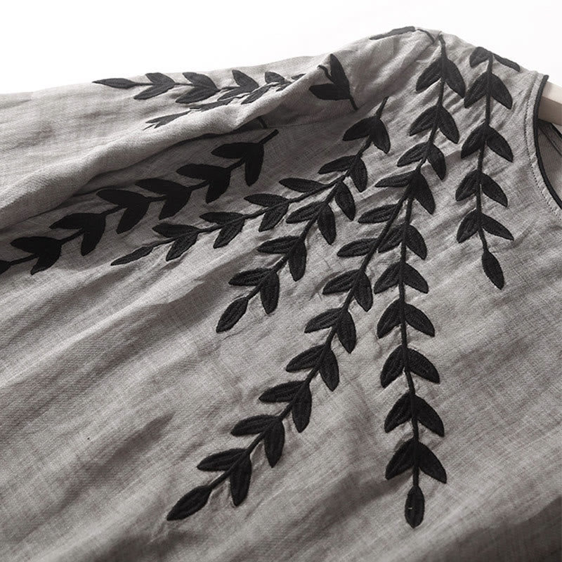 Buddha Stones Casual Embroidery Split Three Quarter Sleeve Cotton Linen Midi Dress - image 13